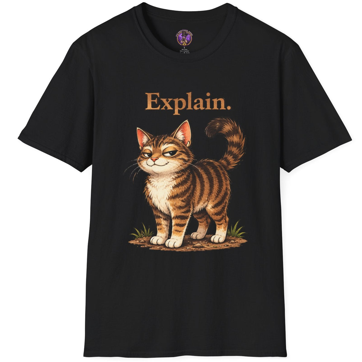 Vintage-style hand-drawn tabby cat illustration on a graphic T-shirt