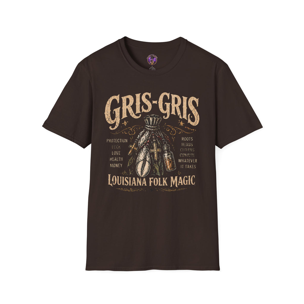 Front view of the Gris-Gris Louisiana Folk Magic shirt.