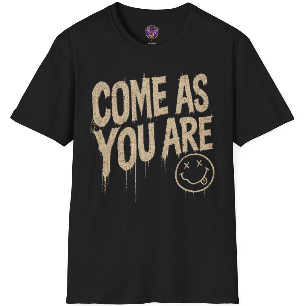 Come As You Are graphic with distressed lettering and vintage 1990s grunge-inspired artwork.