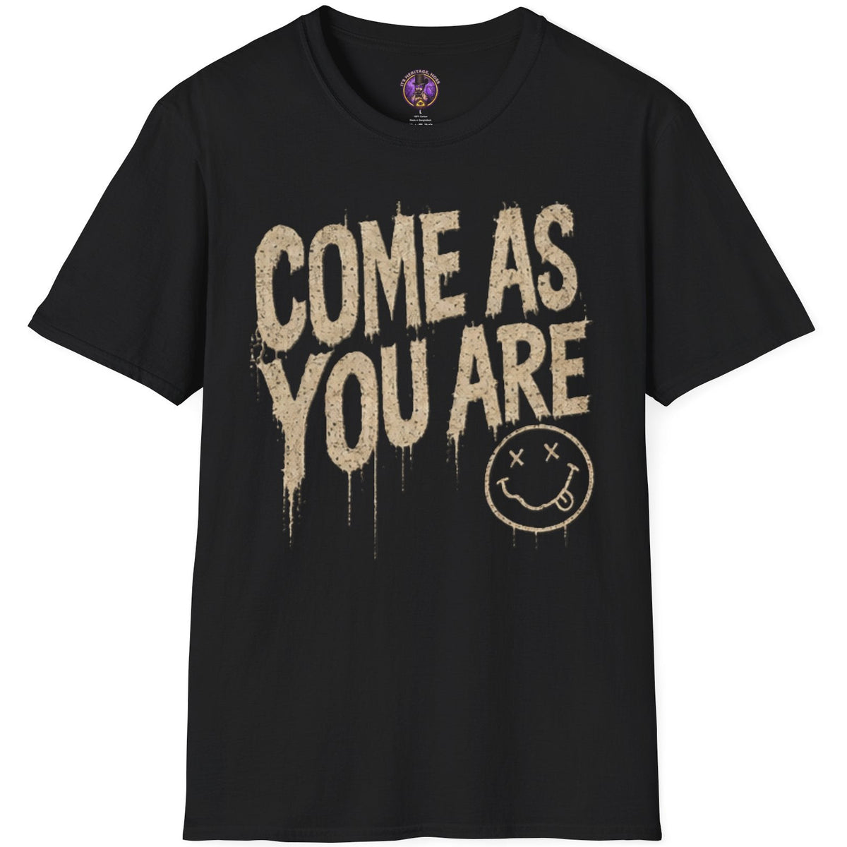 Come As You Are graphic with distressed lettering and vintage 1990s grunge-inspired artwork.