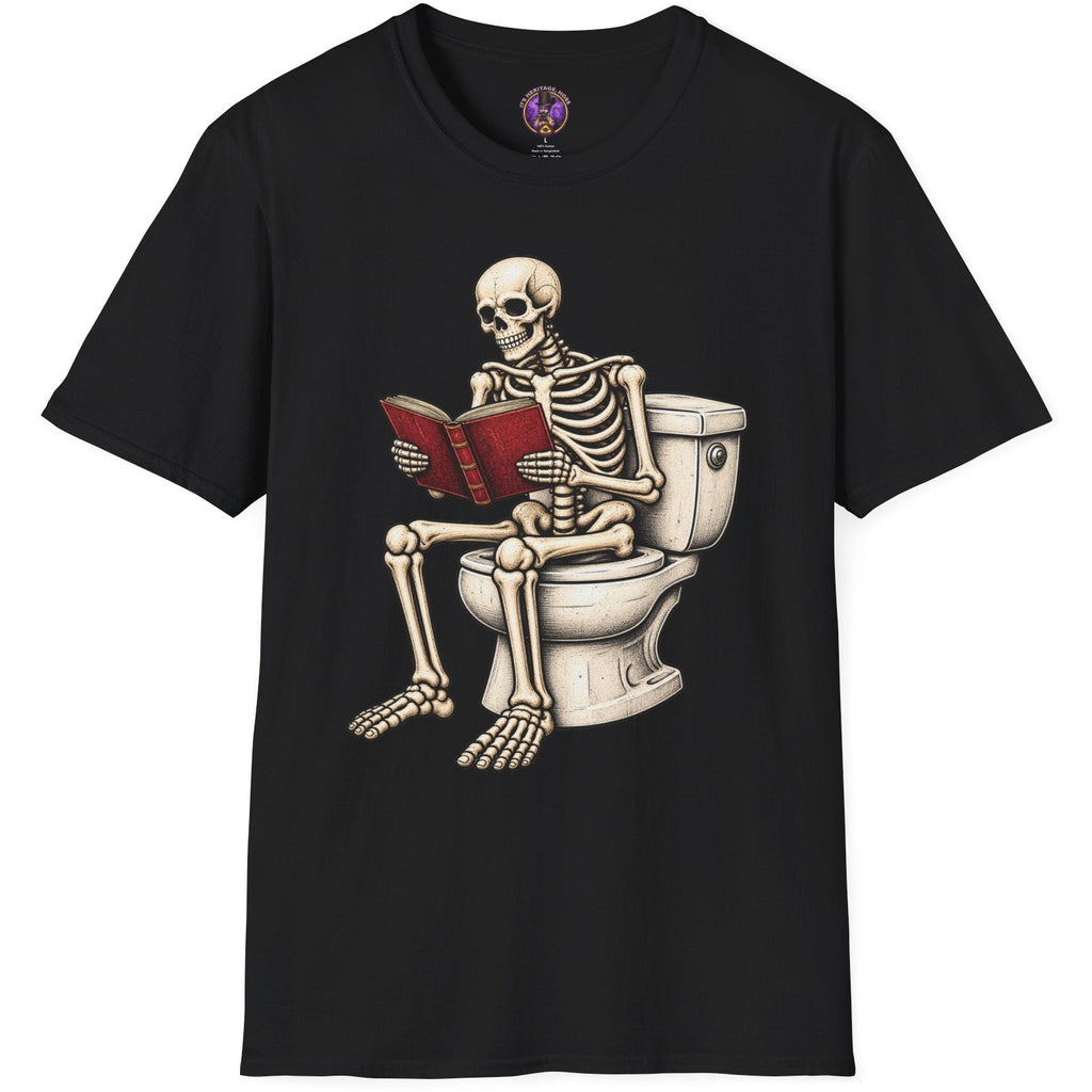 Funny skeleton sitting on a toilet reading a book in distressed vintage gothic artwork