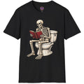 Funny skeleton sitting on a toilet reading a book in distressed vintage gothic artwork