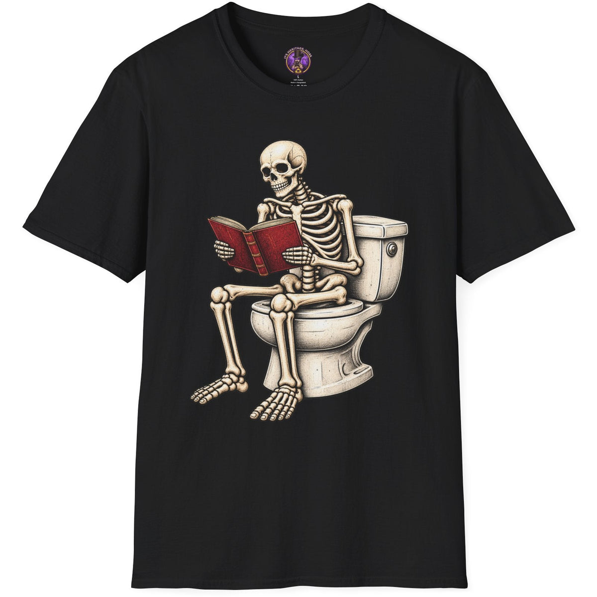 Funny skeleton sitting on a toilet reading a book in distressed vintage gothic artwork