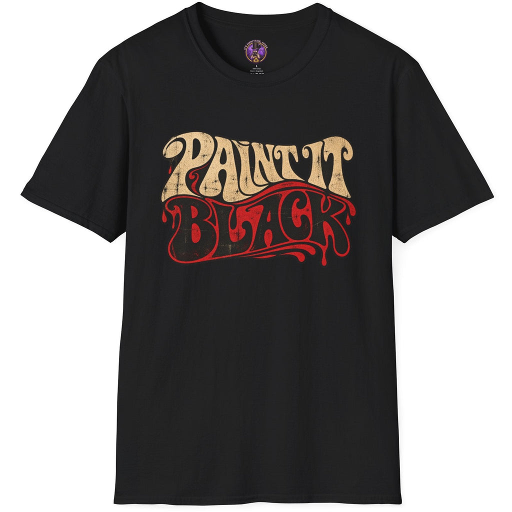 Paint It Black graphic with distressed cream, red and black psychedelic typography inspired by 1960s rock posters.