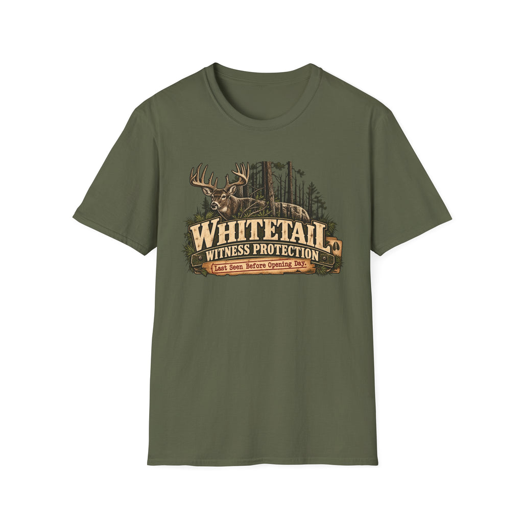 Whitetail Witness Protection graphic with antlered buck on a T-shirt