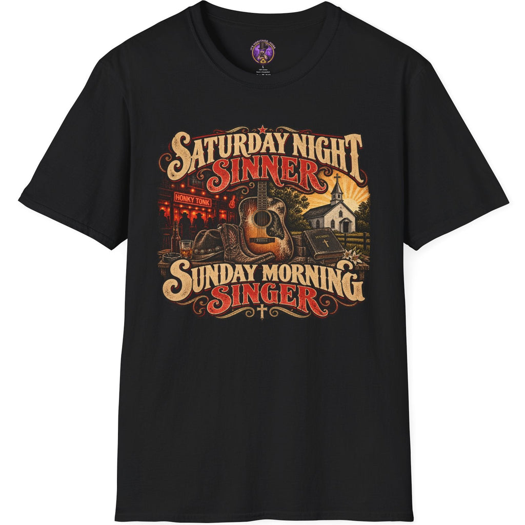 Vintage country and gospel graphic with church and honky-tonk imagery reading Saturday Night Sinner, Sunday Morning Singer.