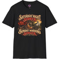 Vintage country and gospel graphic with church and honky-tonk imagery reading Saturday Night Sinner, Sunday Morning Singer.