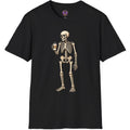 Vintage skeleton holding a steaming coffee cup in distressed gothic artwork