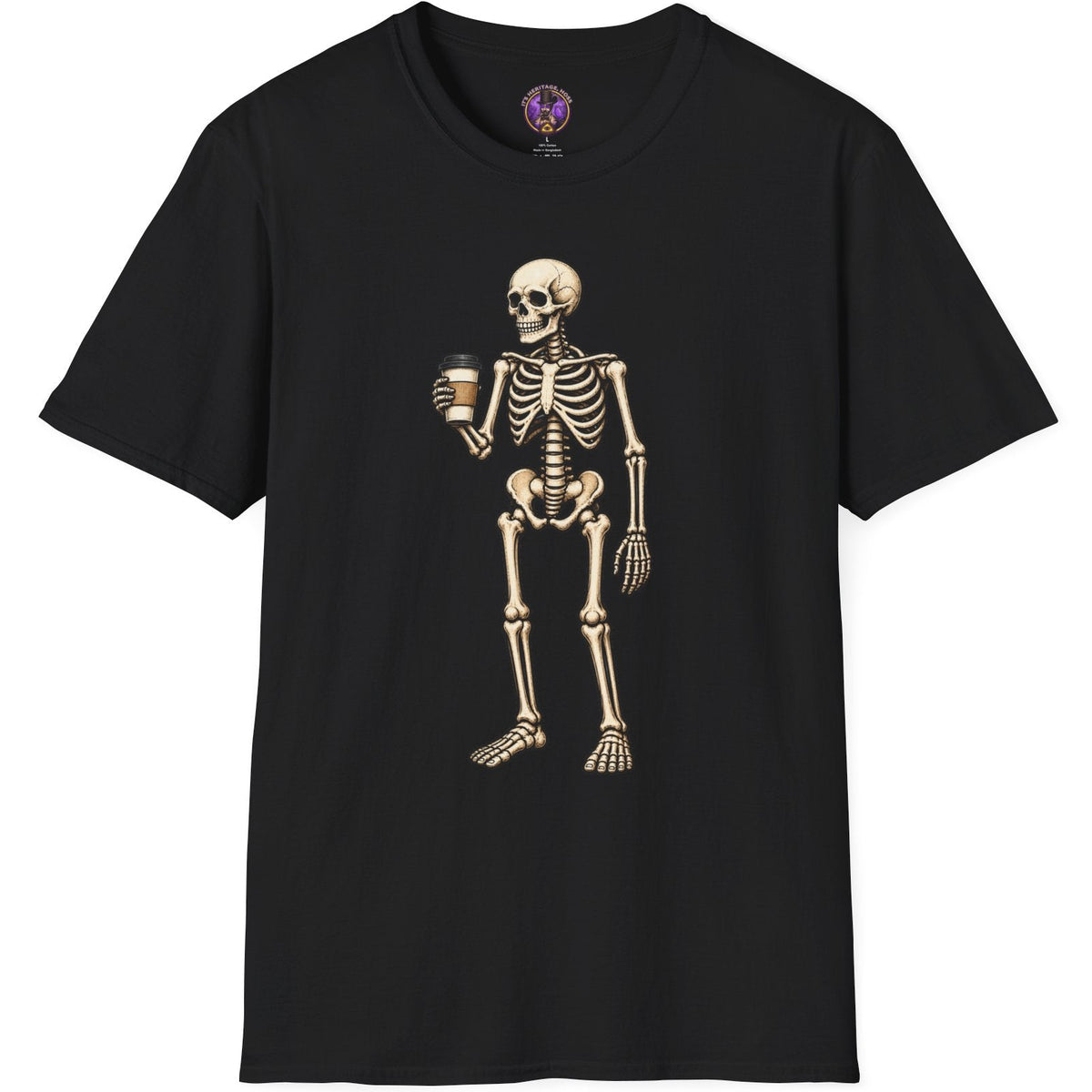 Vintage skeleton holding a steaming coffee cup in distressed gothic artwork