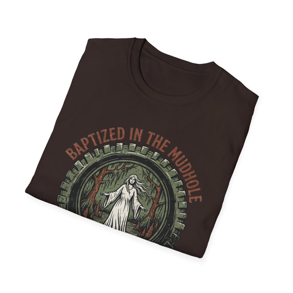 Folded Baptized in the Mudhole T-Shirt showing its front graphic.
