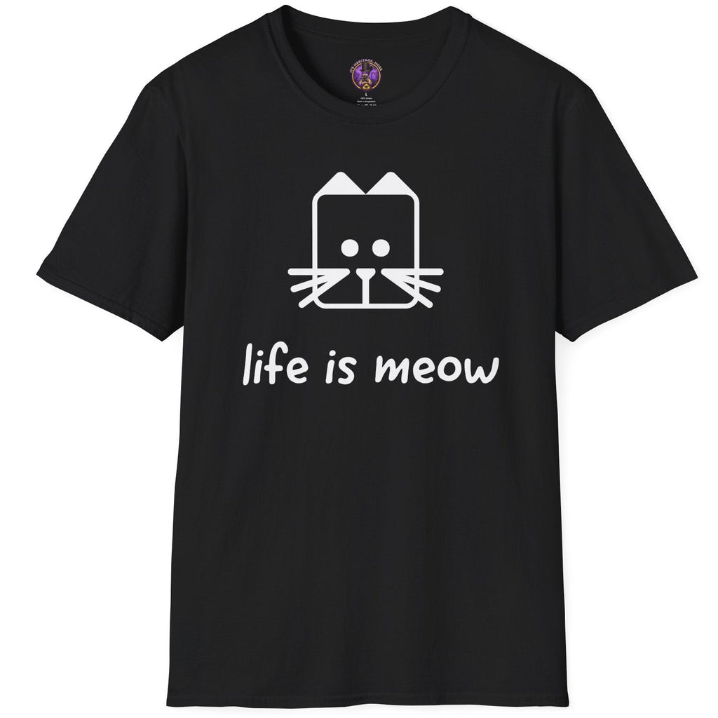 Geometric white cat face above Life Is Meow lettering on a black T-shirt