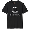 Geometric white cat face above Life Is Meow lettering on a black T-shirt