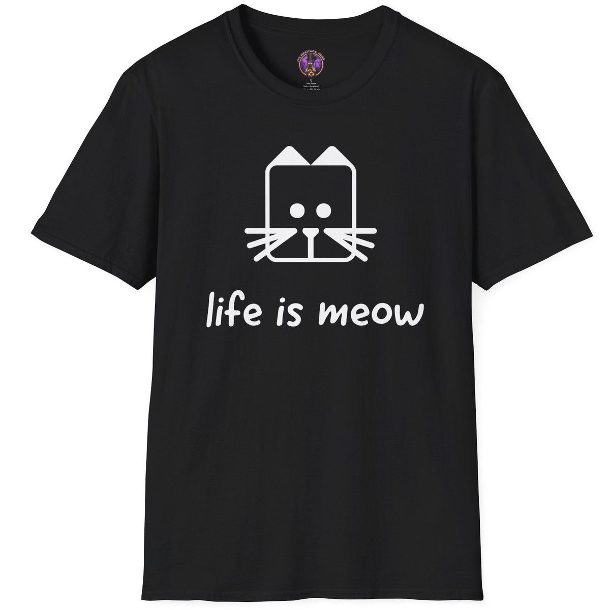 Geometric white cat face above Life Is Meow lettering on a black T-shirt