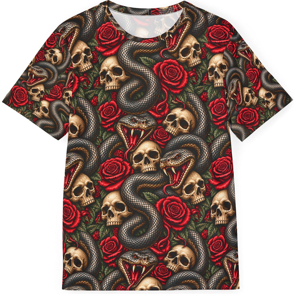 Vintage skulls coiled snakes and red roses in distressed gothic tattoo style artwork