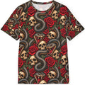 Vintage skulls coiled snakes and red roses in distressed gothic tattoo style artwork
