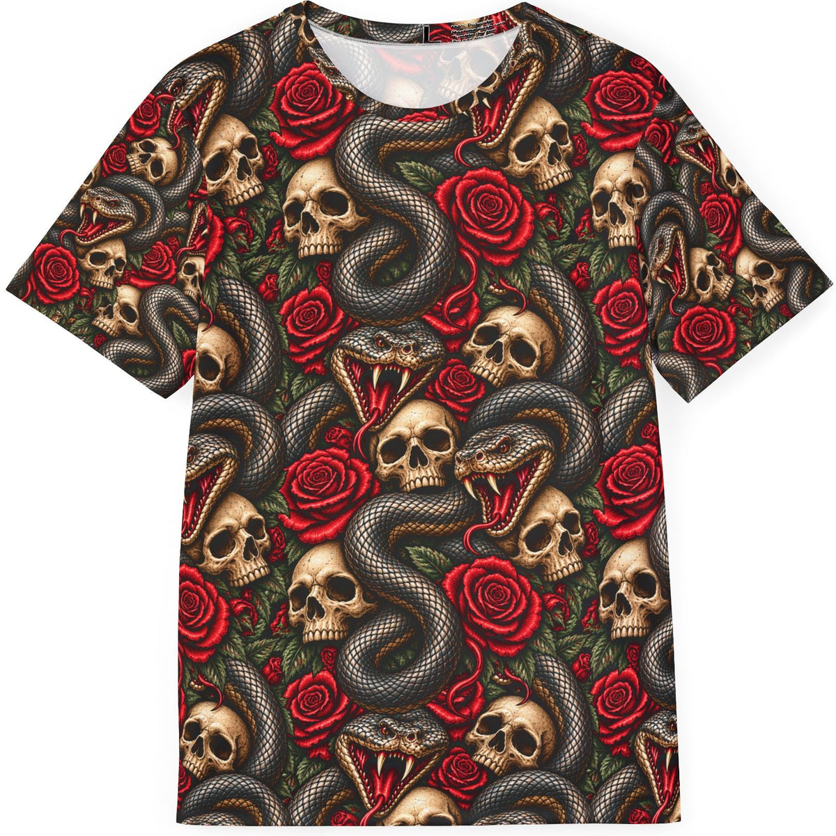 Vintage skulls coiled snakes and red roses in distressed gothic tattoo style artwork