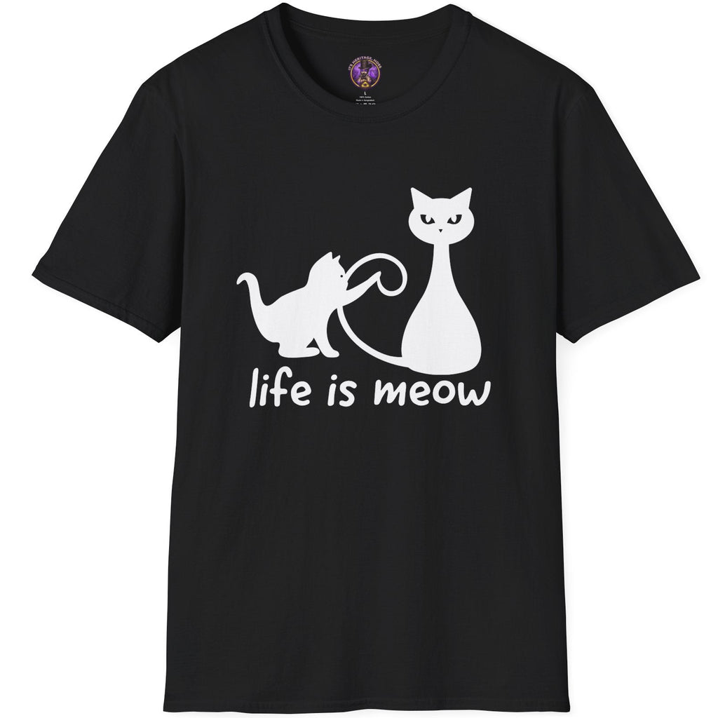 White cat silhouette and Life Is Meow lettering printed on a dark T-shirt