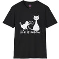 White cat silhouette and Life Is Meow lettering printed on a dark T-shirt