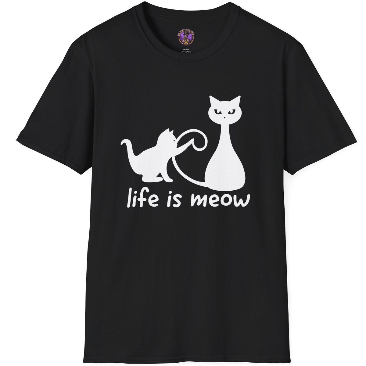 White cat silhouette and Life Is Meow lettering printed on a dark T-shirt