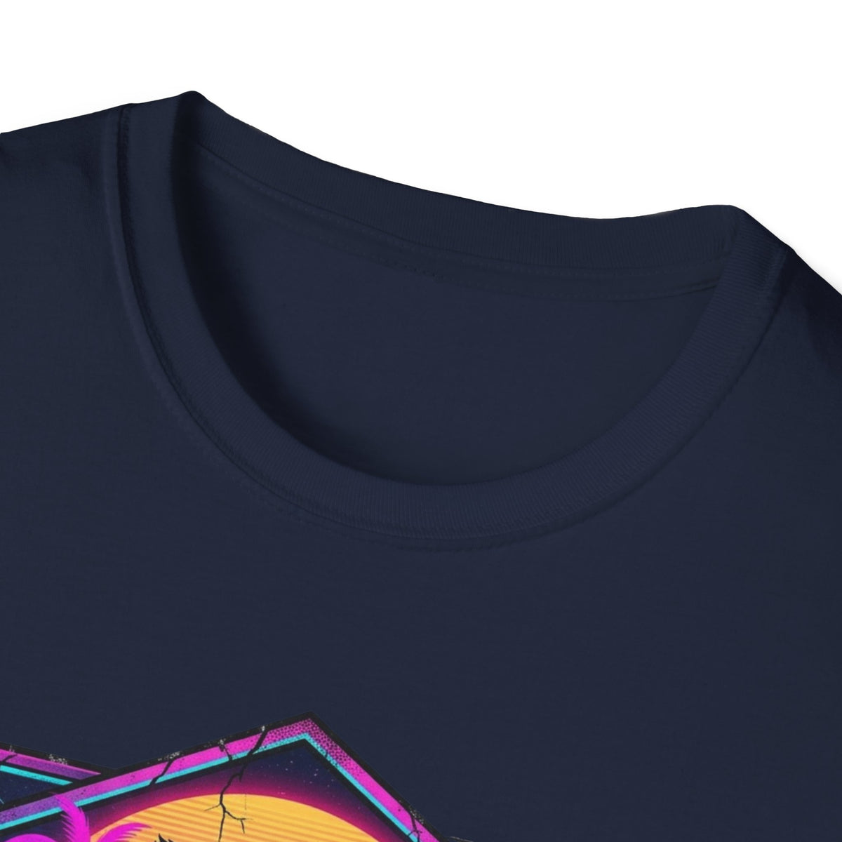 Crew-neck and upper graphic detail of Raccoon Playing Electric Guitar T-Shirt.