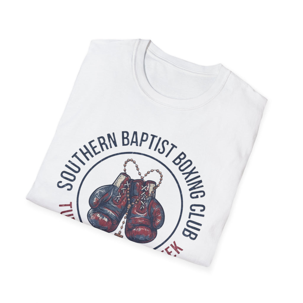 Folded Southern Baptist Boxing Club T-Shirt showing its front graphic.