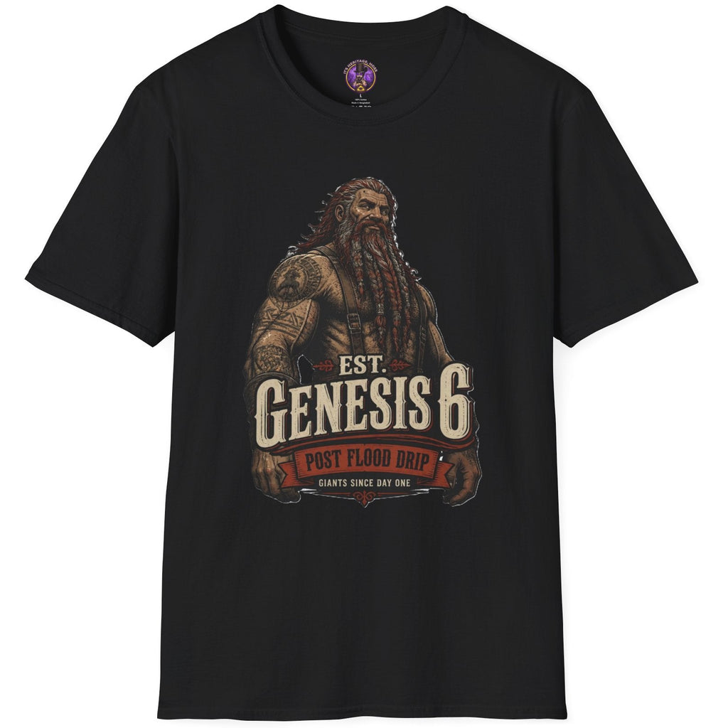 Est Genesis 6 Nephilim shirt graphic featuring a massive tattooed biblical giant with braided red beard and vintage typography