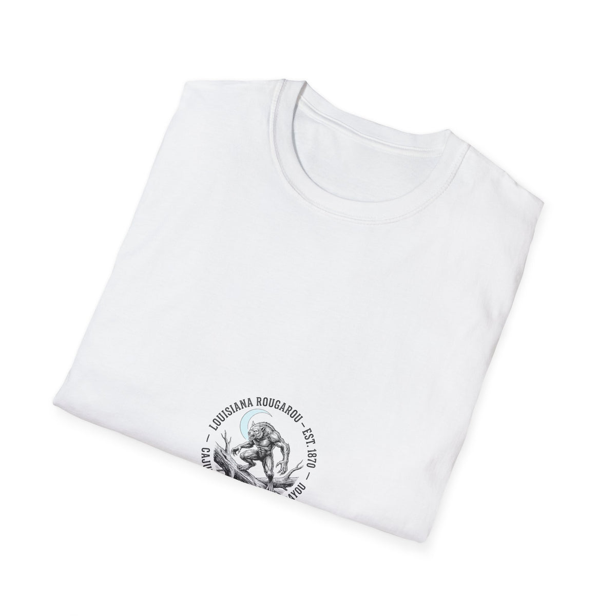 Louisiana Rougarou graphic featuring bayou cryptid crouching on a log beneath a crescent moon with vintage distressed lettering.