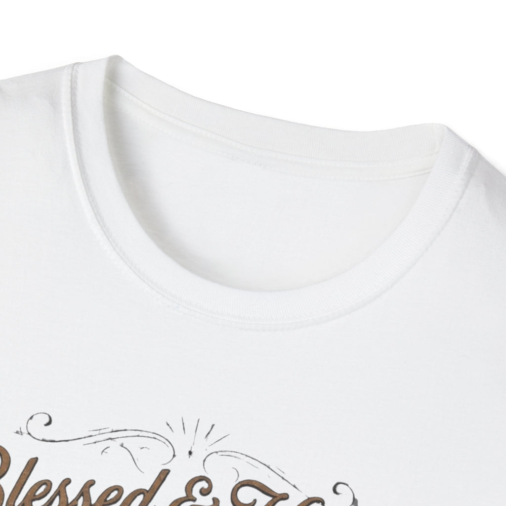 Crew-neck and upper graphic detail of Blessed & Highly Suspicious T-Shirt.