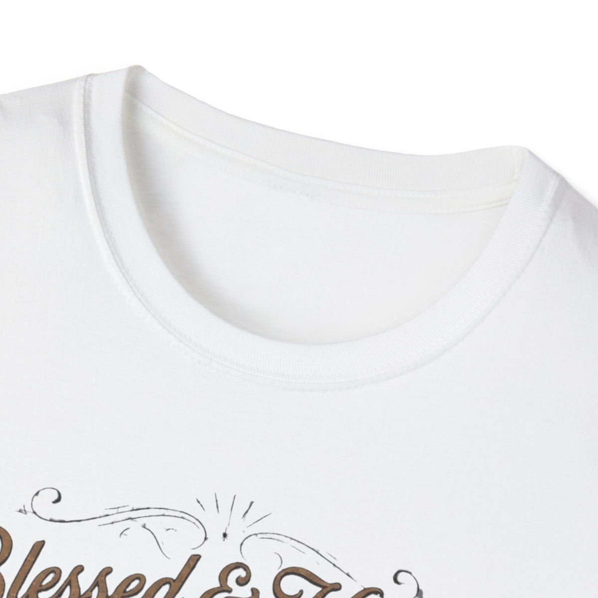 Crew-neck and upper graphic detail of Blessed & Highly Suspicious T-Shirt.