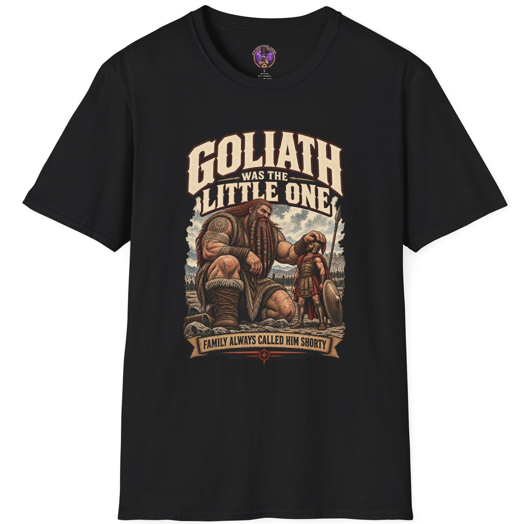 Goliath Was the Little One graphic showing a colossal biblical giant beside a much smaller armored Goliath with ancient armies