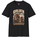 Goliath Was the Little One graphic showing a colossal biblical giant beside a much smaller armored Goliath with ancient armies