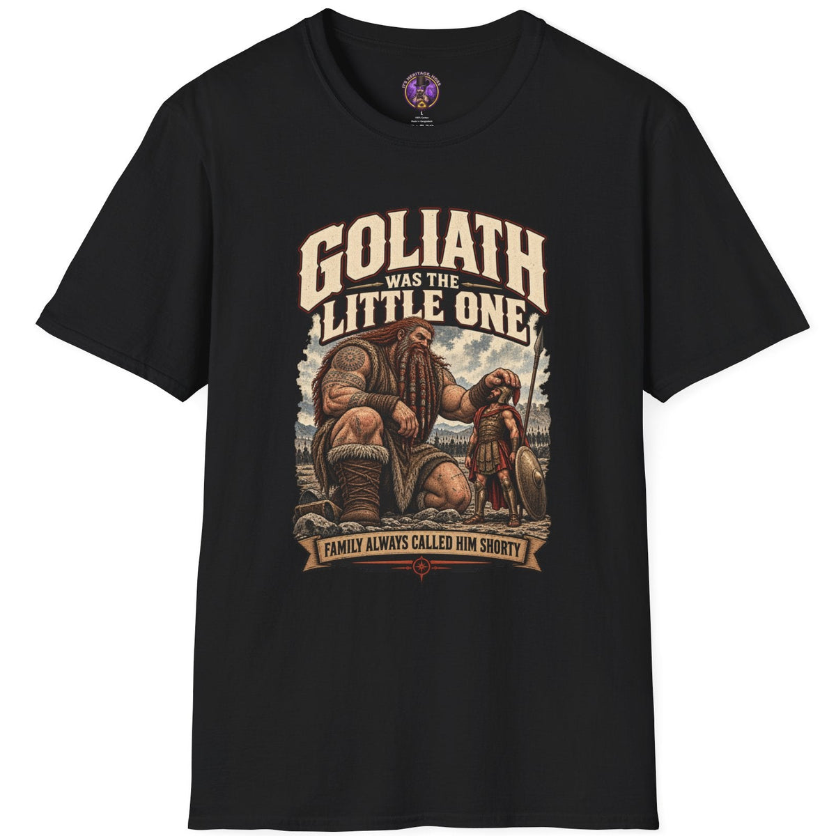 Goliath Was the Little One graphic showing a colossal biblical giant beside a much smaller armored Goliath with ancient armies