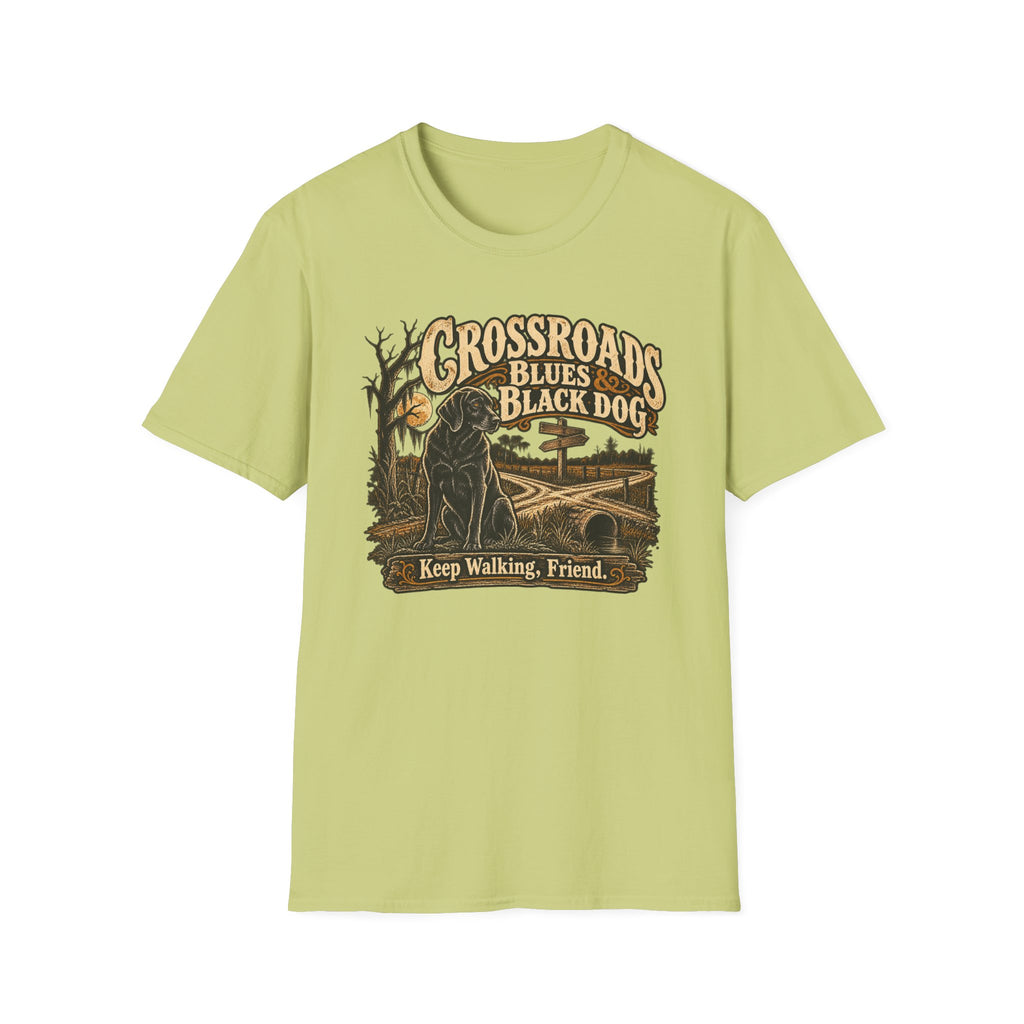 Crossroads Blues and Black Dog graphic with guitar and dark dog on a T-shirt