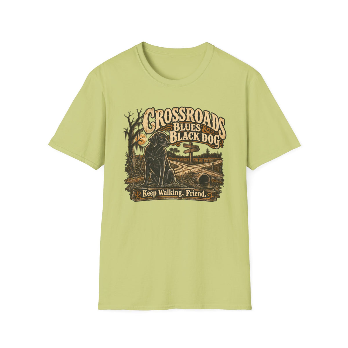 Crossroads Blues and Black Dog graphic with guitar and dark dog on a T-shirt