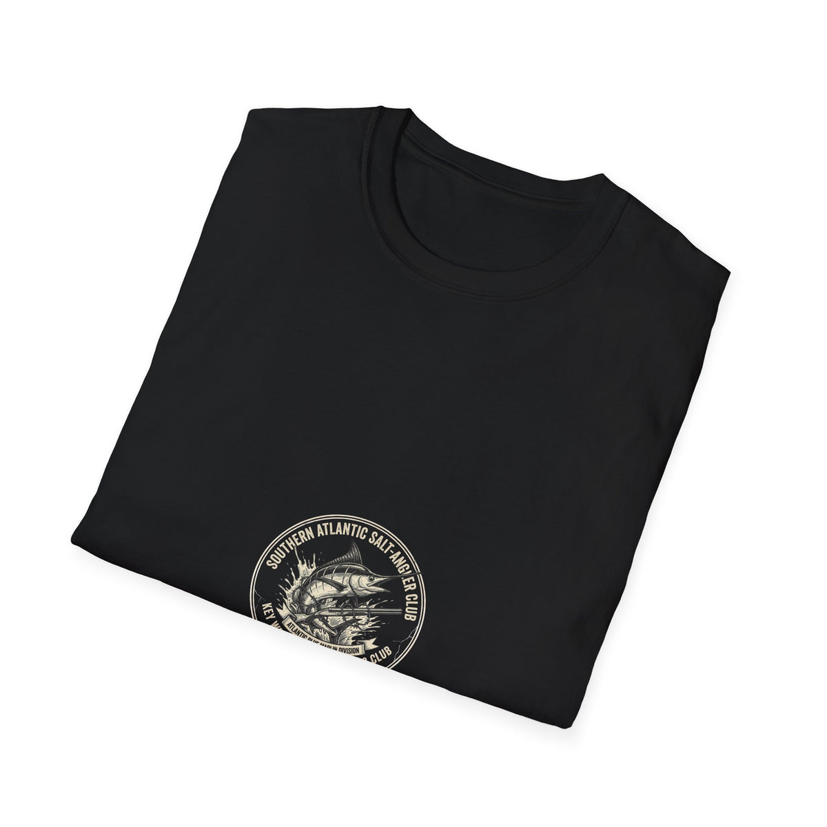 Southern Atlantic Salt-Angler Club graphic featuring leaping blue marlin, barbed wire and shotgun with vintage distressed lettering.