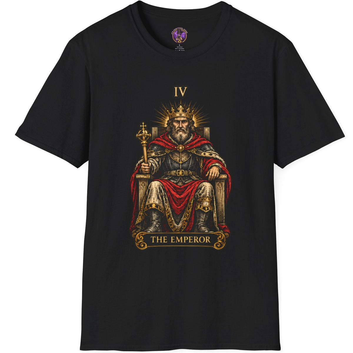 Armored Emperor seated on a throne with crimson robes and IV numeral