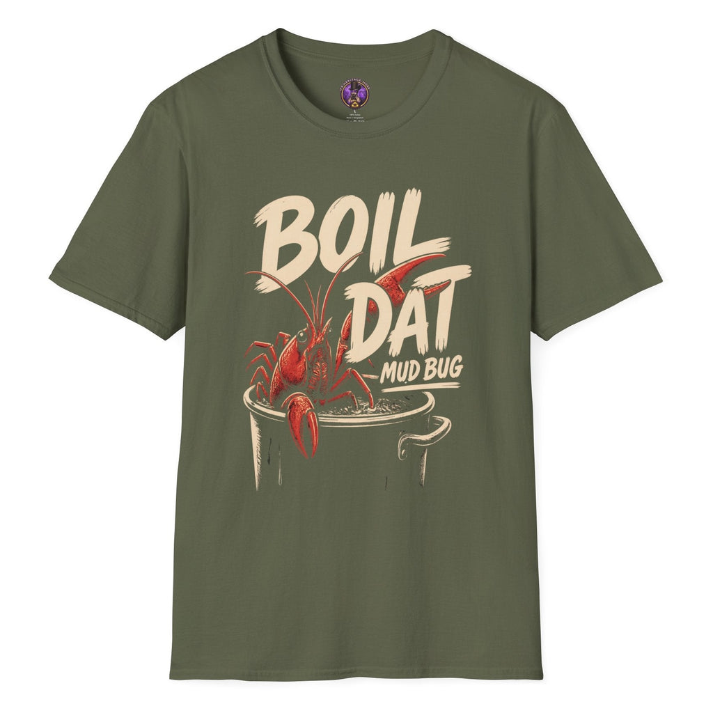 Boil Dat Mud Bug Cajun T-shirt graphic featuring a red crawfish climbing from a boiling pot with bold vintage-style lettering