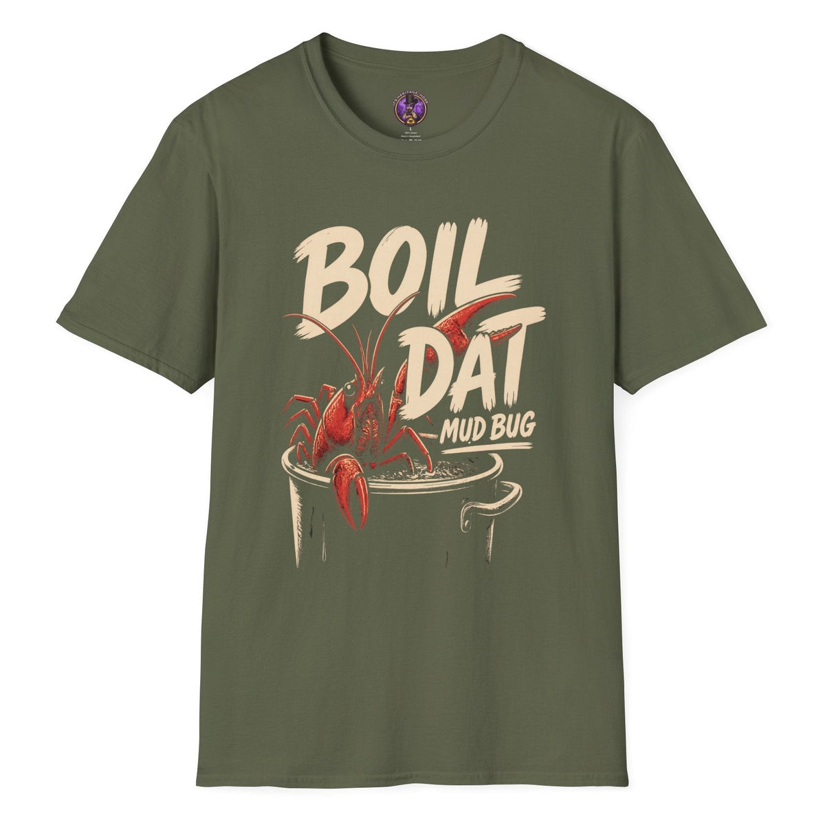 Boil Dat Mud Bug Cajun T-shirt graphic featuring a red crawfish climbing from a boiling pot with bold vintage-style lettering