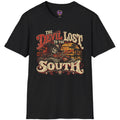 Southern rock graphic featuring a skeletal devil cowboy playing fiddle with The Devil Lost to the South lettering.