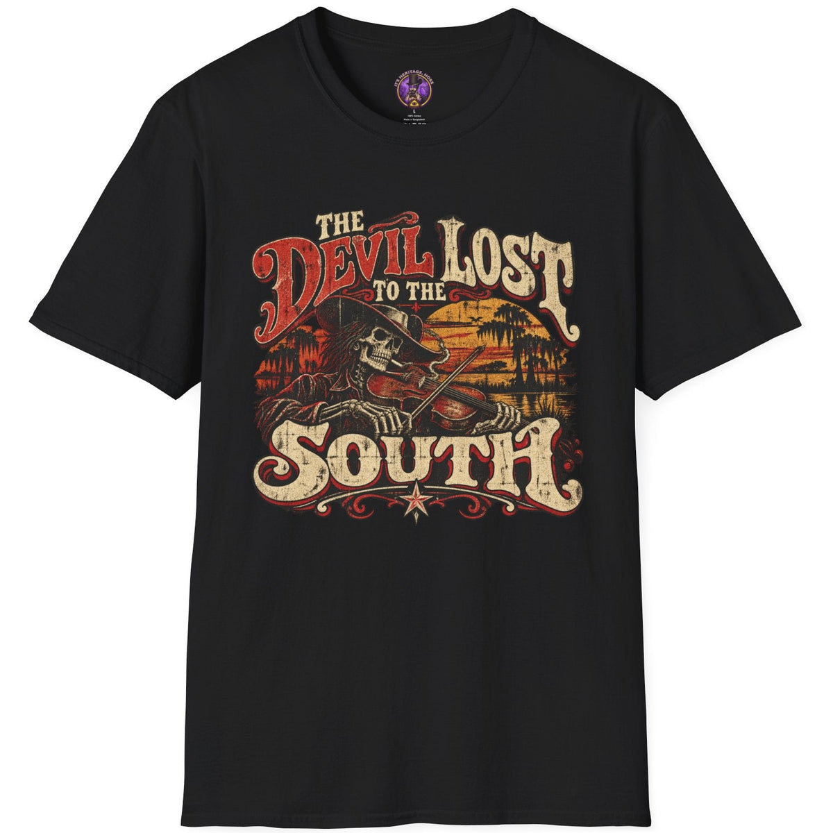 Southern rock graphic featuring a skeletal devil cowboy playing fiddle with The Devil Lost to the South lettering.