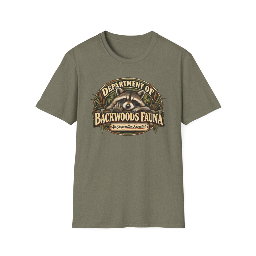 Department of Backwoods Fauna graphic with woodland wildlife artwork on a T-shirt