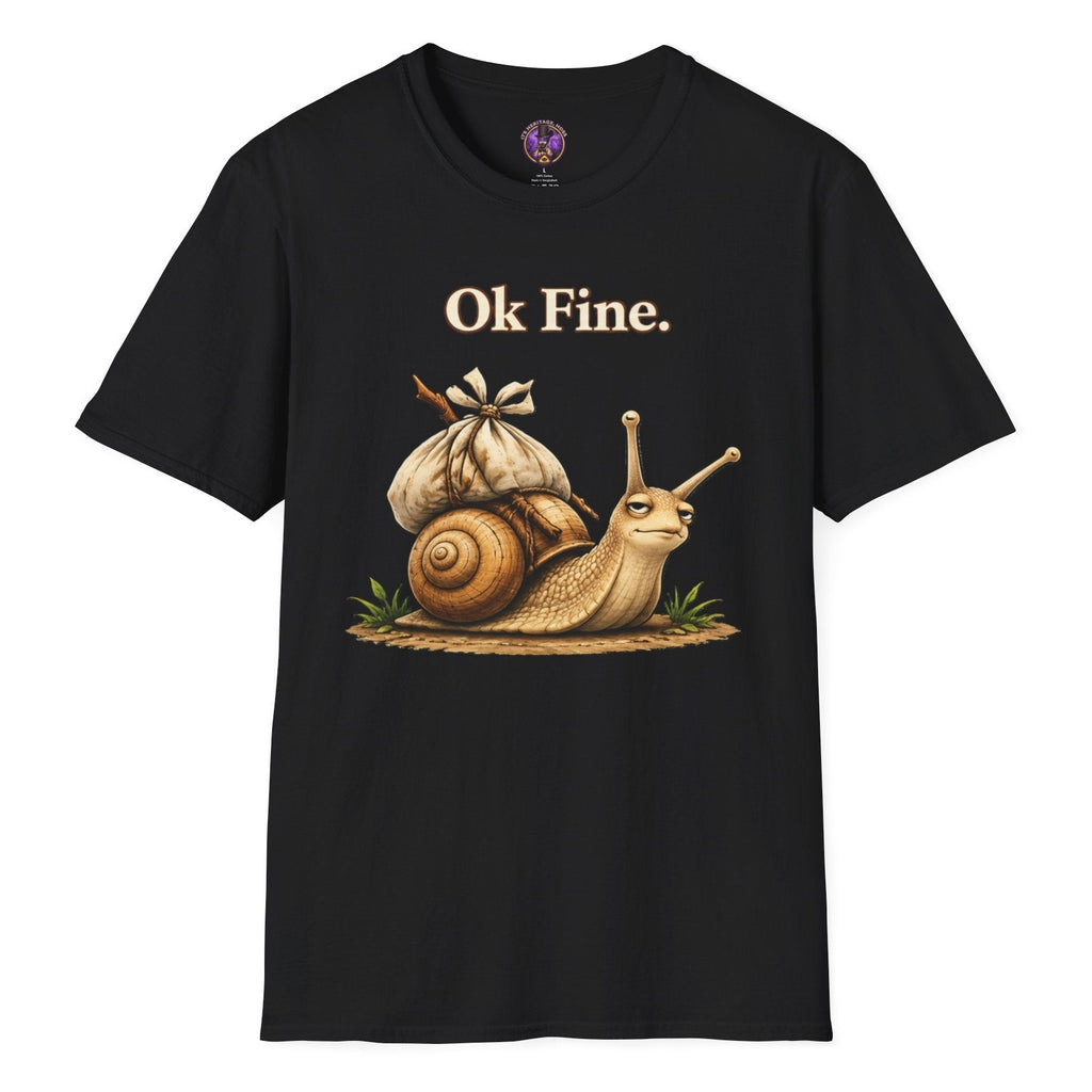 Illustrated snail carrying a small bundle under Ok Fine lettering on a dark T-shirt