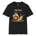 Illustrated snail carrying a small bundle under Ok Fine lettering on a dark T-shirt