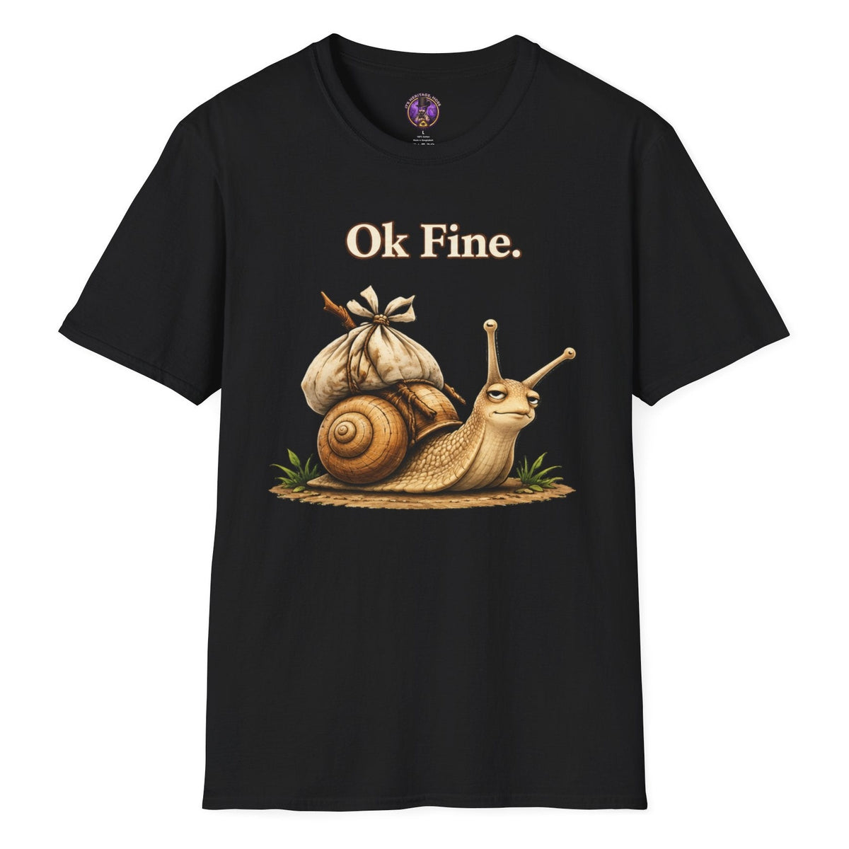 Illustrated snail carrying a small bundle under Ok Fine lettering on a dark T-shirt
