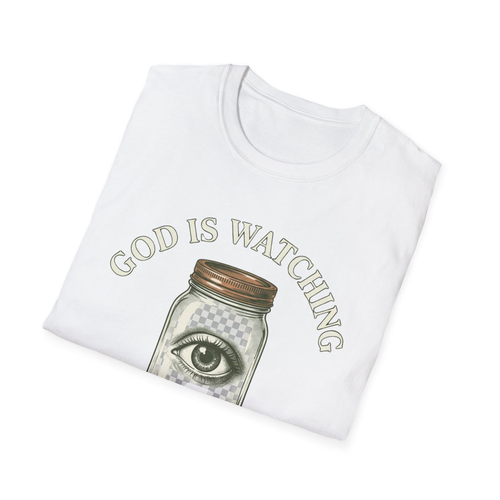 Folded God Is Watching T-Shirt showing its front graphic.