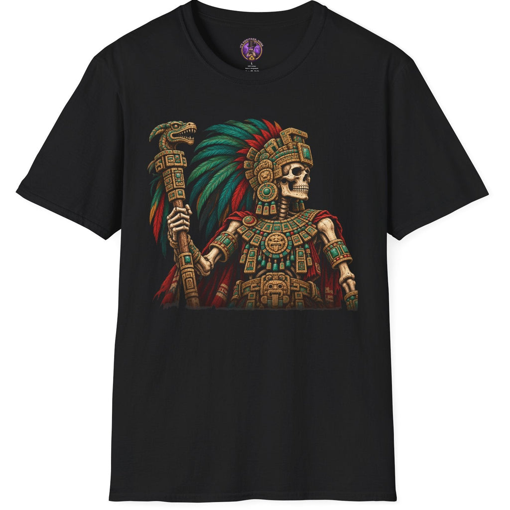 Skeletal Aztec inspired warrior wearing an elaborate feathered headdress and ceremonial regalia