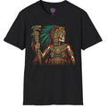 Skeletal Aztec inspired warrior wearing an elaborate feathered headdress and ceremonial regalia