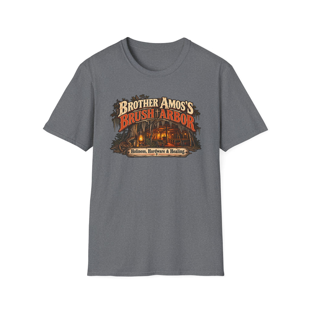 Brother Amos’s Brush Arbor graphic with rural revival-meeting scene on a T-shirt