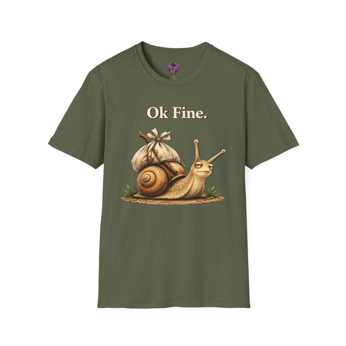 Front view of the Ok Fine Snail shirt — Cute Relaxed Snail Graphic Tee.