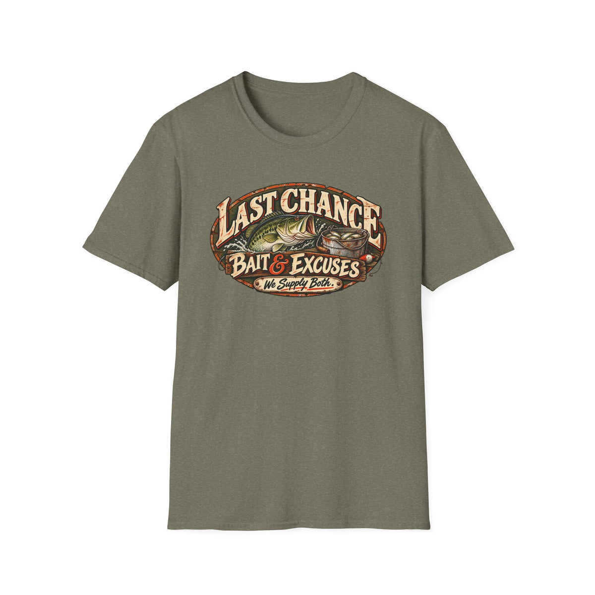 Last Chance Bait graphic with vintage fishing-shop artwork on a T-shirt
